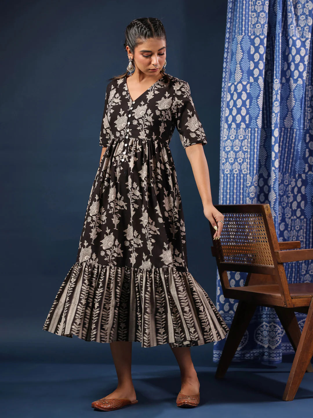Black Bagru Handblock Printed Cotton Dress