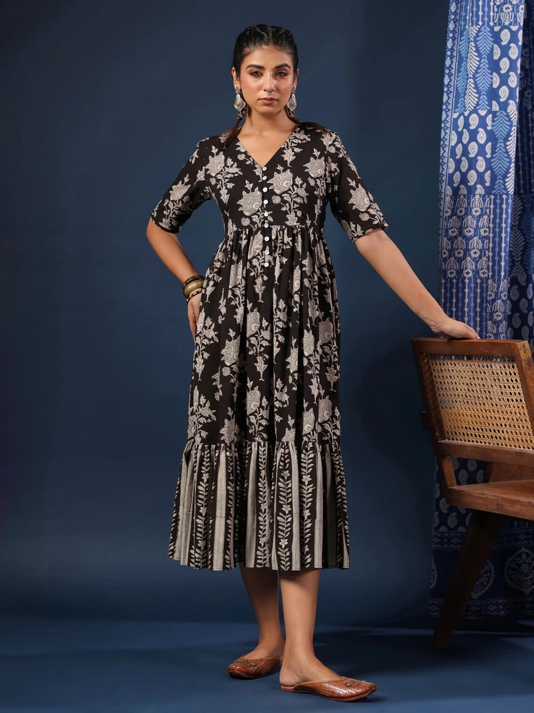 Black Bagru Handblock Printed Cotton Dress