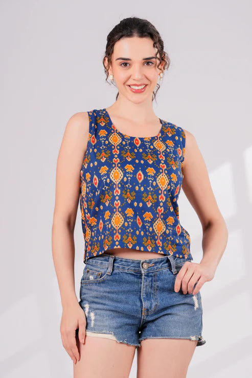 Blue Ikkat Back Key Hole Top
