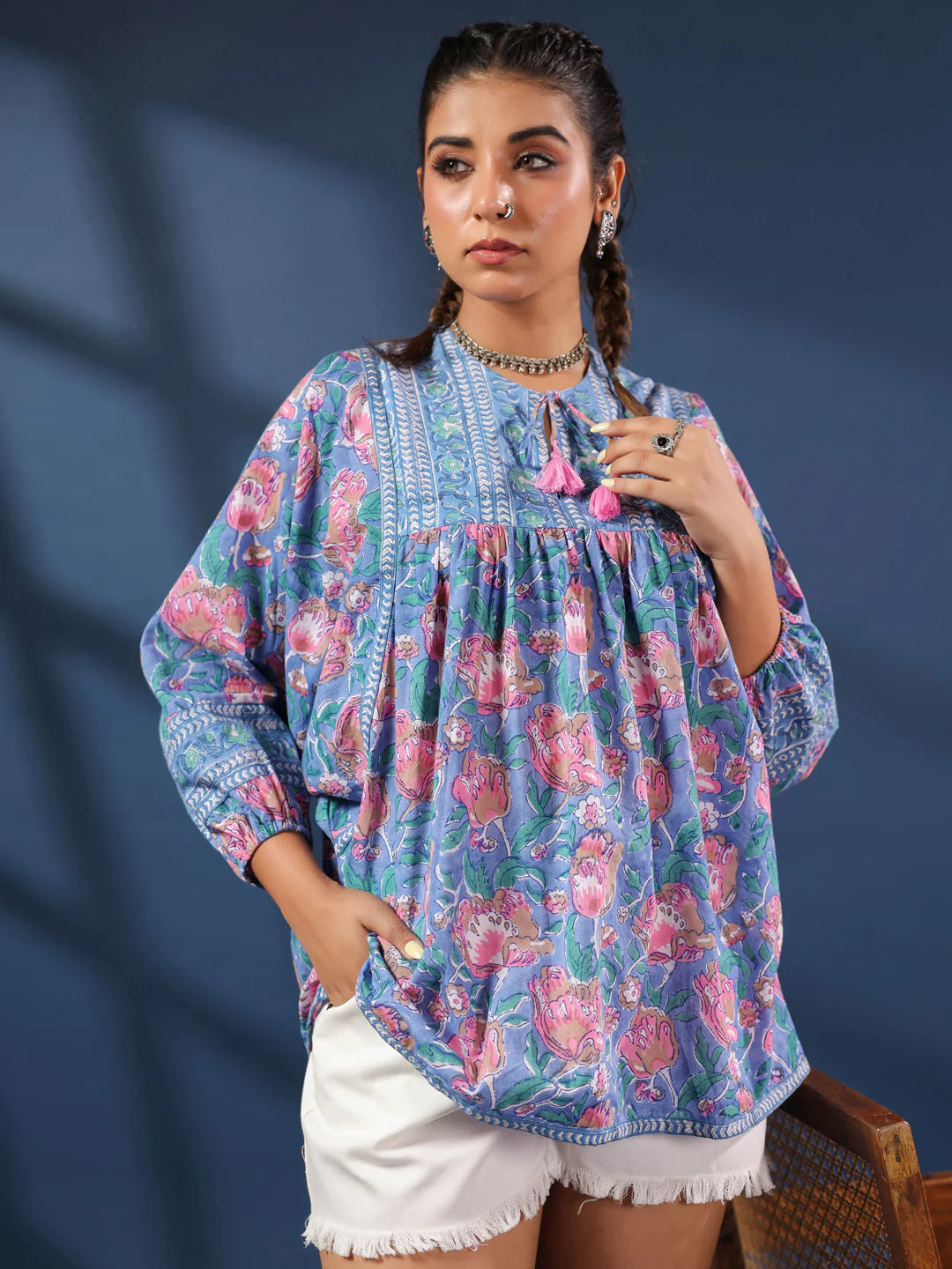 Blue & Pink Floral Boho Volume Sleeves Top