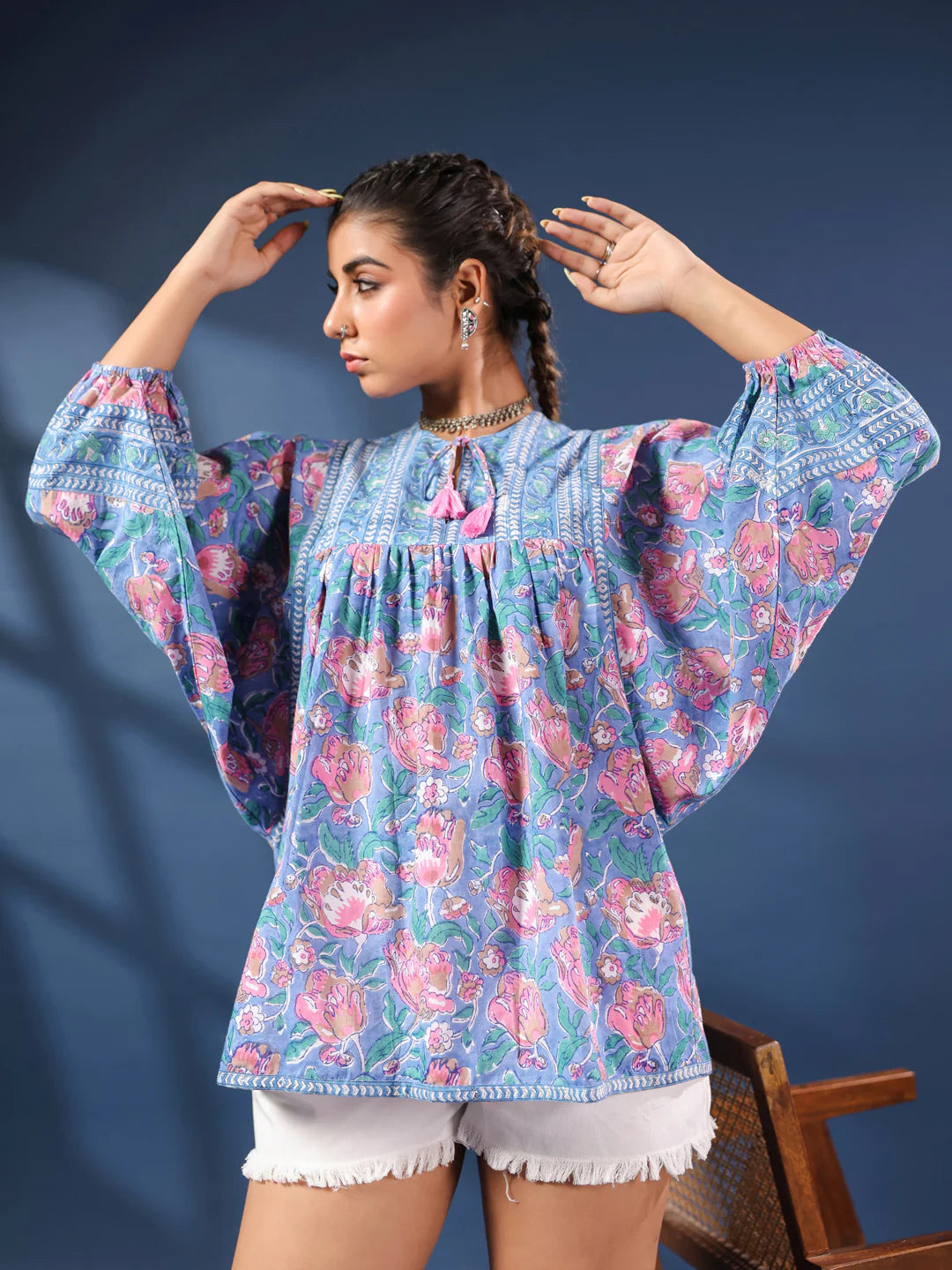 Blue & Pink Floral Boho Volume Sleeves Top