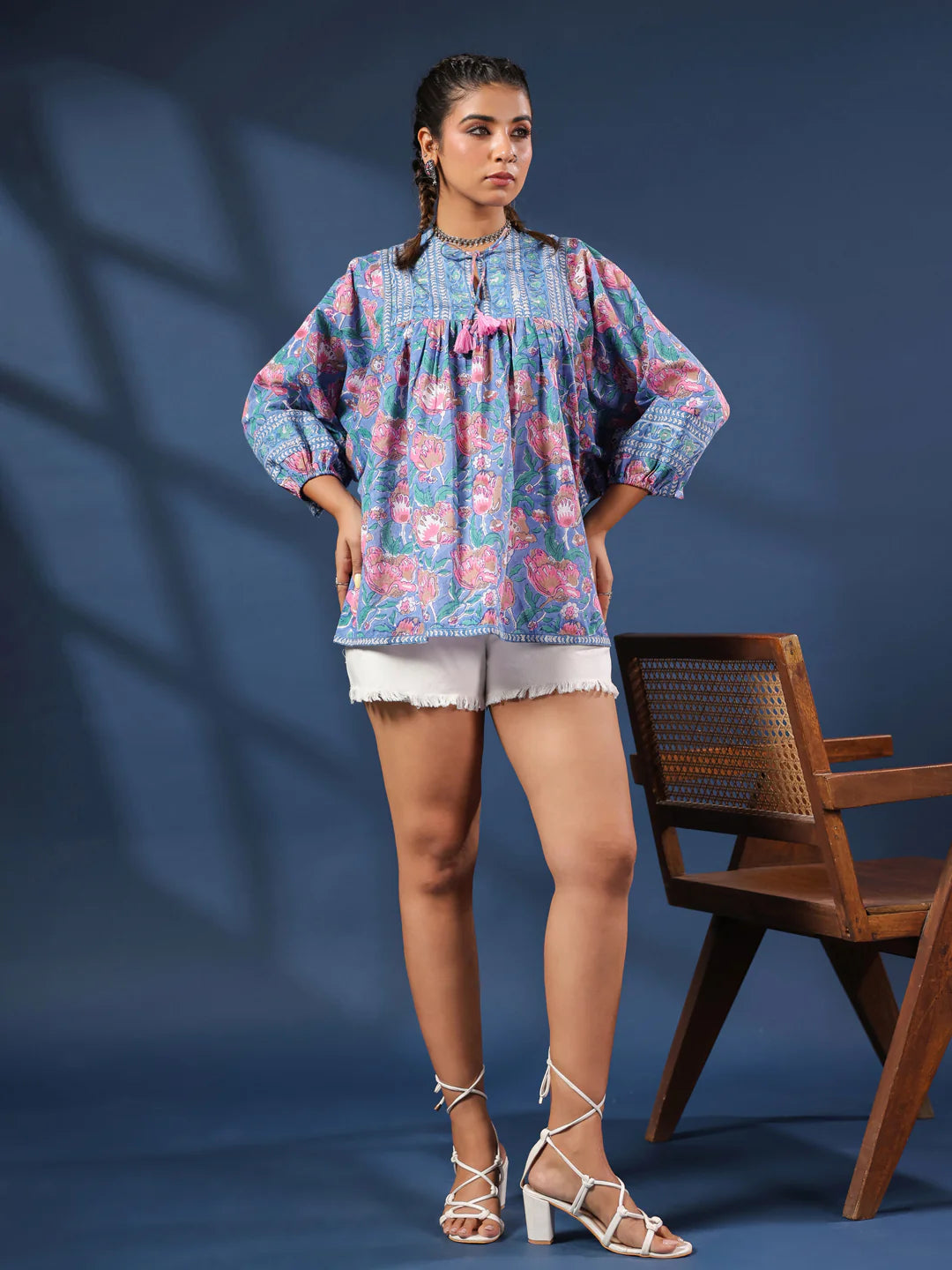 Blue & Pink Floral Boho Volume Sleeves Top