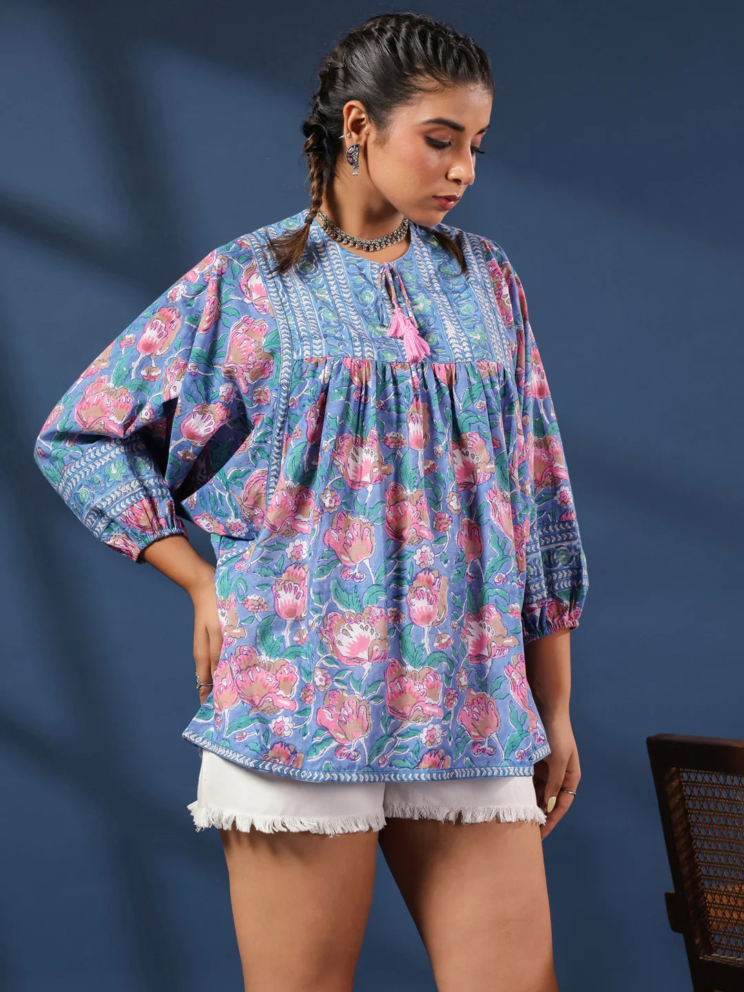 Blue & Pink Floral Boho Volume Sleeves Top