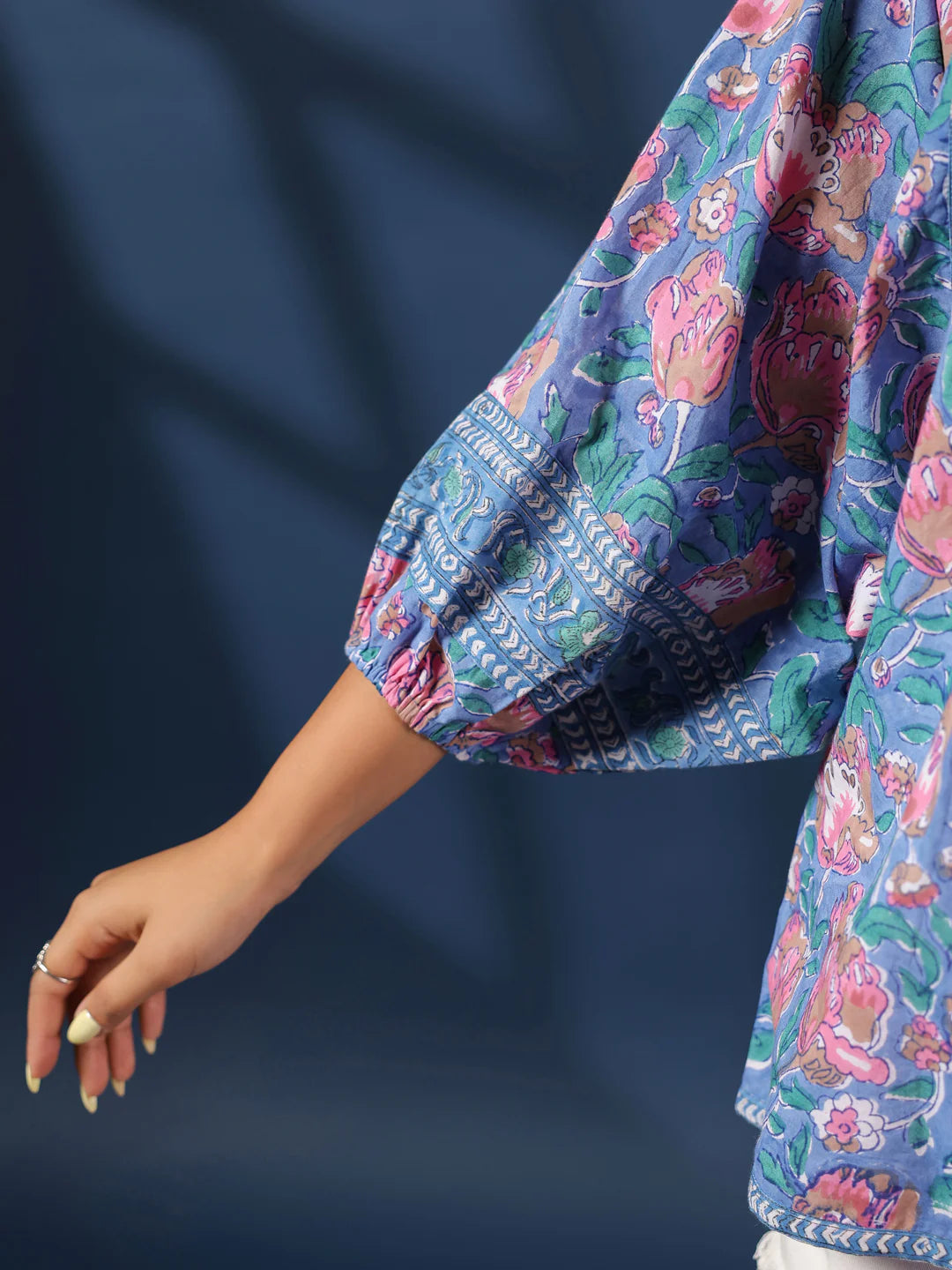 Blue & Pink Floral Boho Volume Sleeves Top