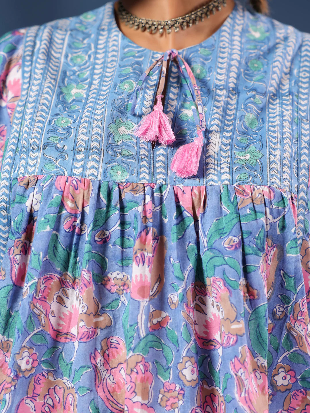 Blue & Pink Floral Boho Volume Sleeves Top
