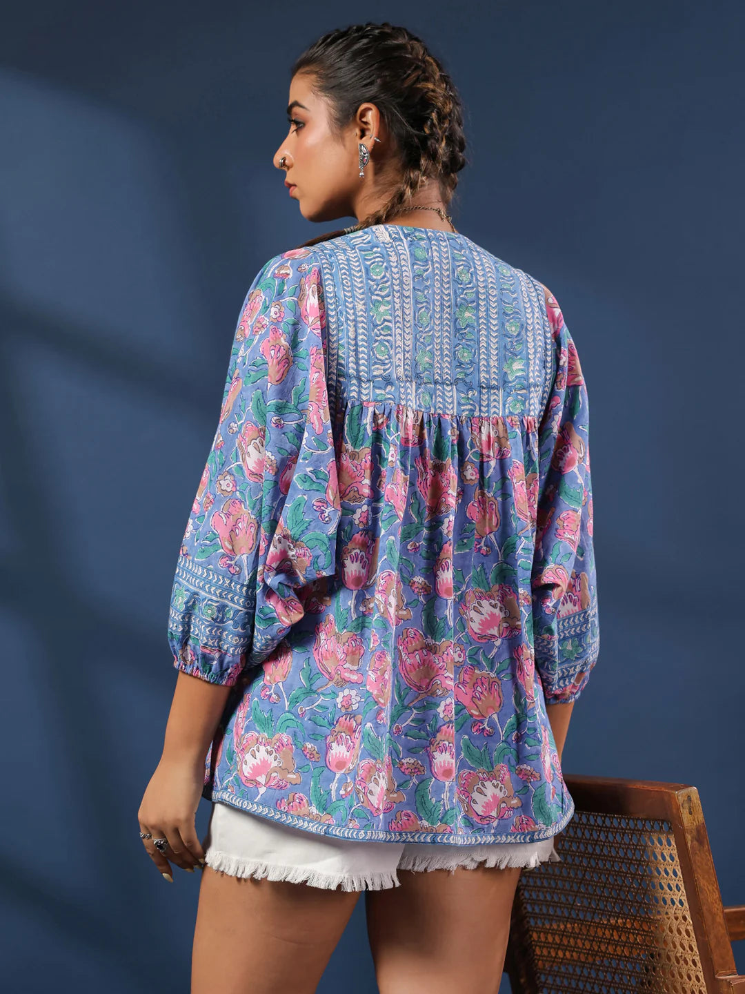 Blue & Pink Floral Boho Volume Sleeves Top
