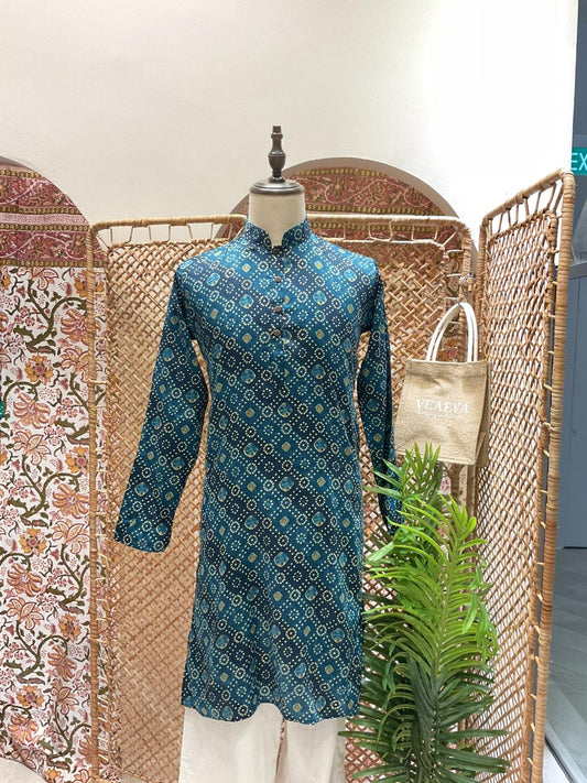 Teal Blue Geometric Long Kurta