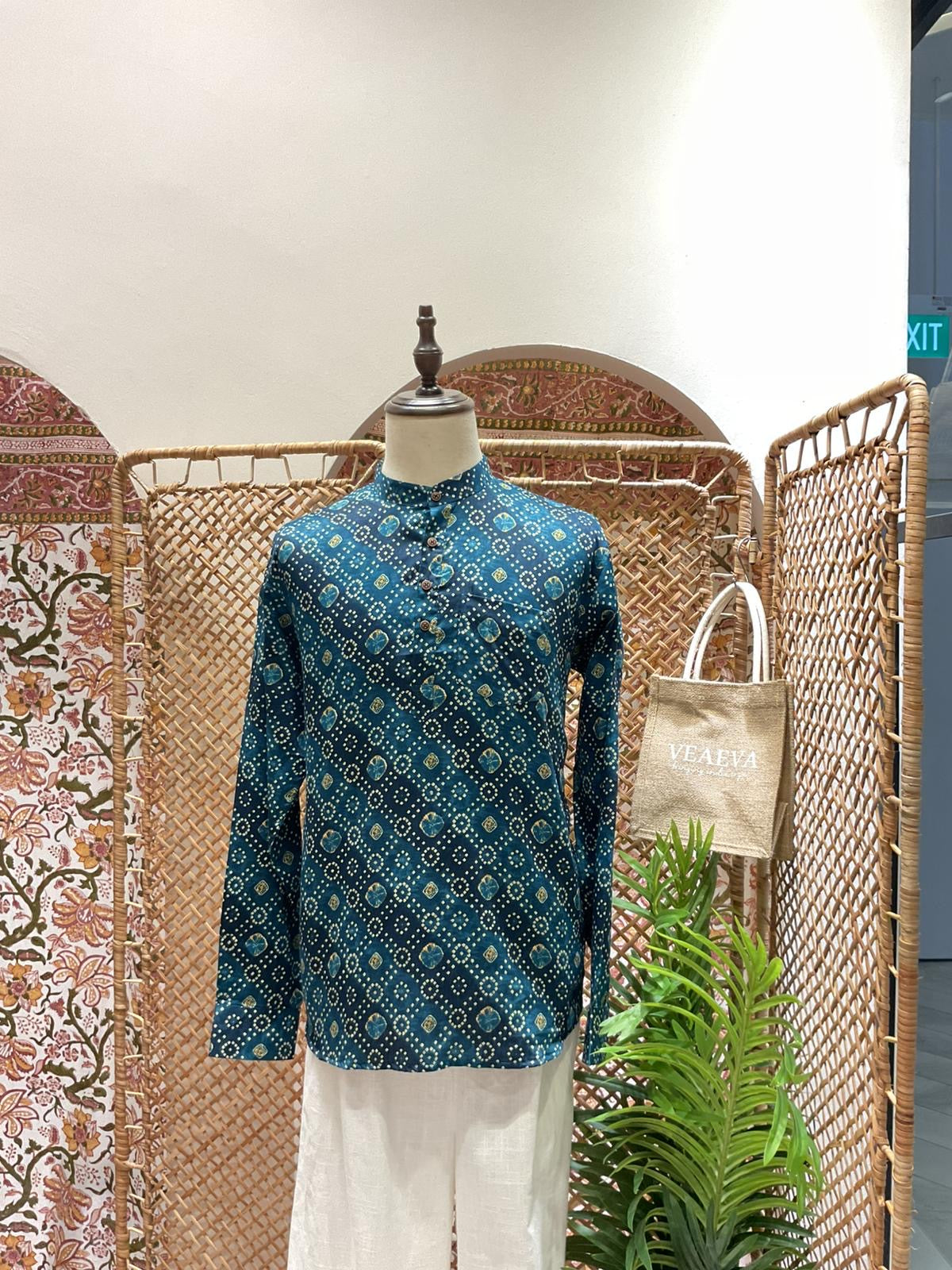 Teal Blue Geometric Short Kurta