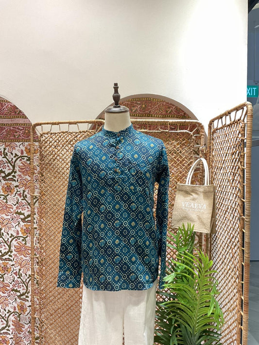 Teal Blue Geometric Short Kurta