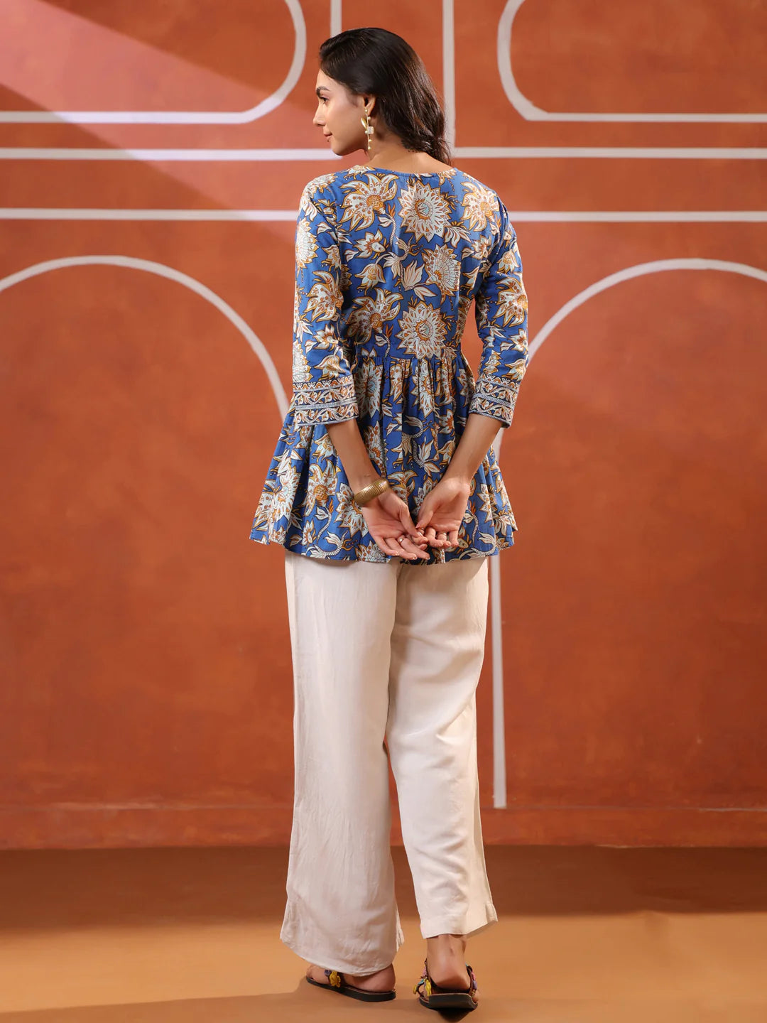 Blue Floral Printed Cotton Wrap Top