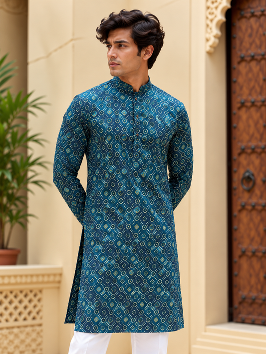 Teal Blue Geometric Long Kurta