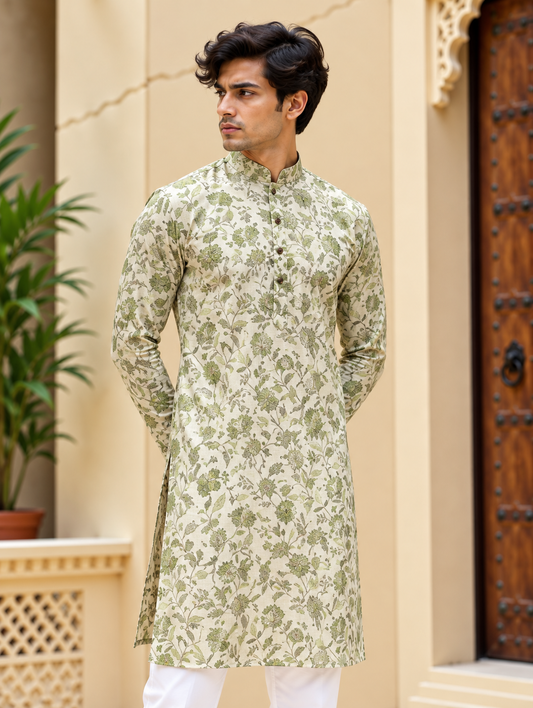 White and Green Floral Long Kurta