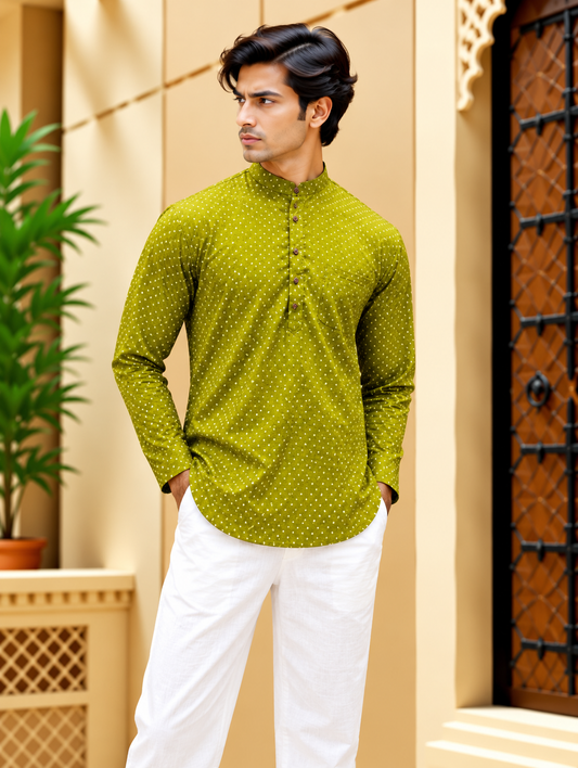 Lime Green Bandhani Printed Short Kurta