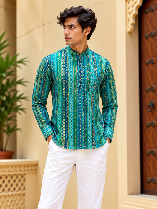 Turquoise Striped Short Kurta
