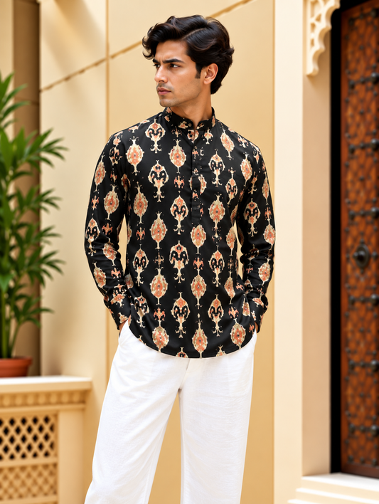 Black Multicolour Printed Short Kurta