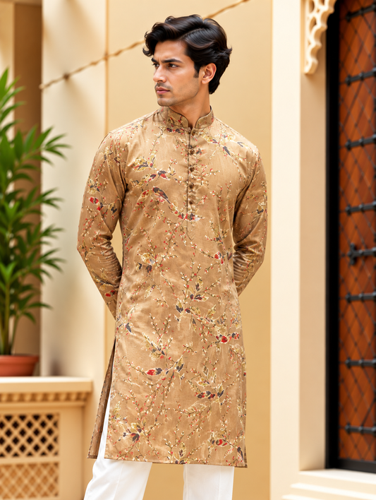 Brown Floral Printed Long Kurta