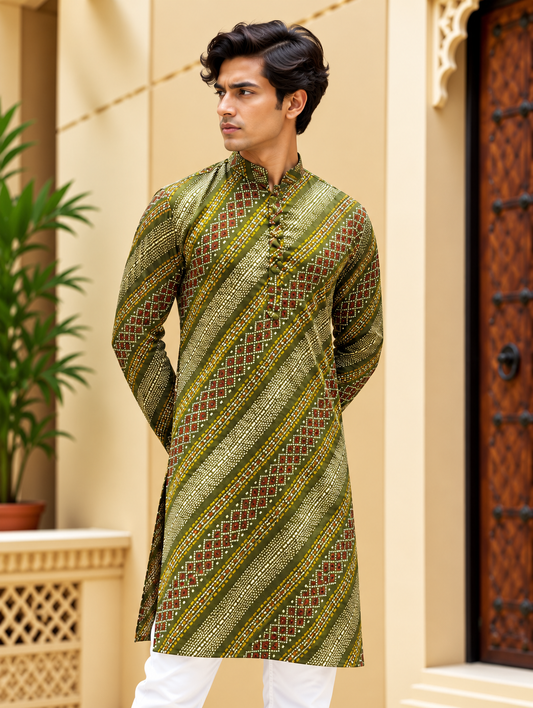 Green Bandhani Striped Long Kurta