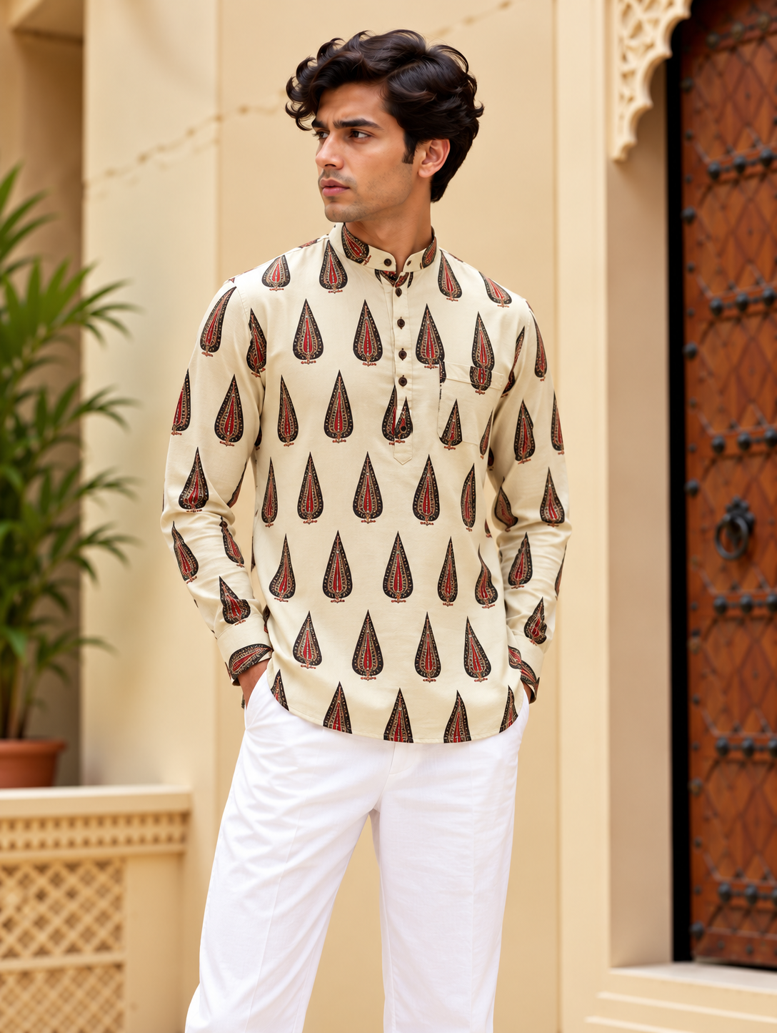 White and Red Printed Short Kurta