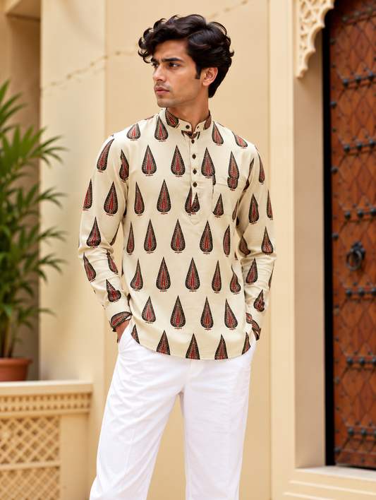 White and Red Printed Short Kurta
