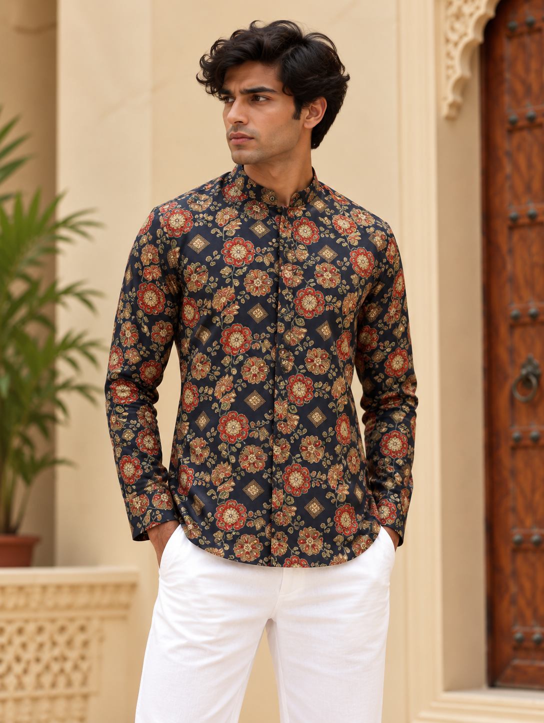 Navy Blue Floral Short Kurta