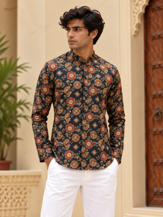 Navy Blue Floral Short Kurta