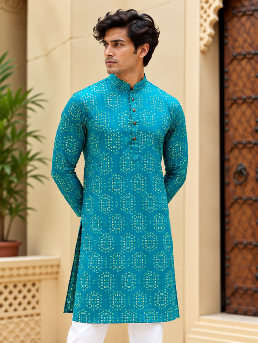 Turquoise Geometric Long Kurta