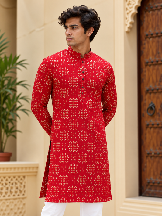 Red Bandhani Printed Long Kurta