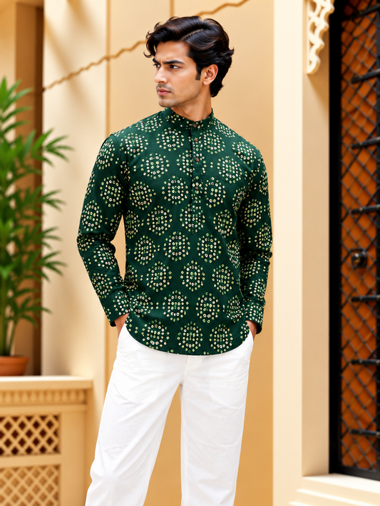 Green Bandhani Printed Short Kurta