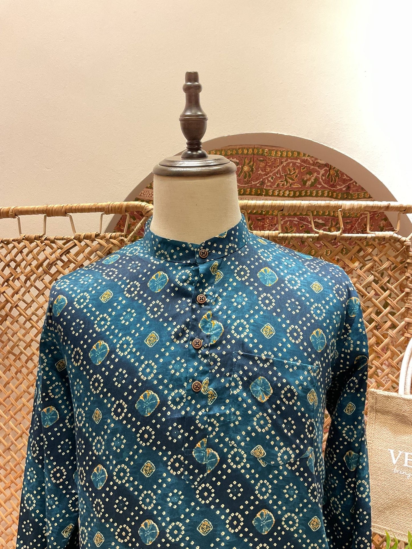Teal Blue Geometric Short Kurta