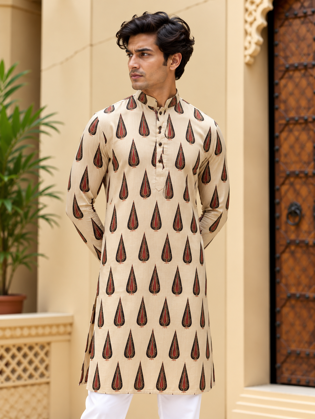 White and Red Printed Long Kurta