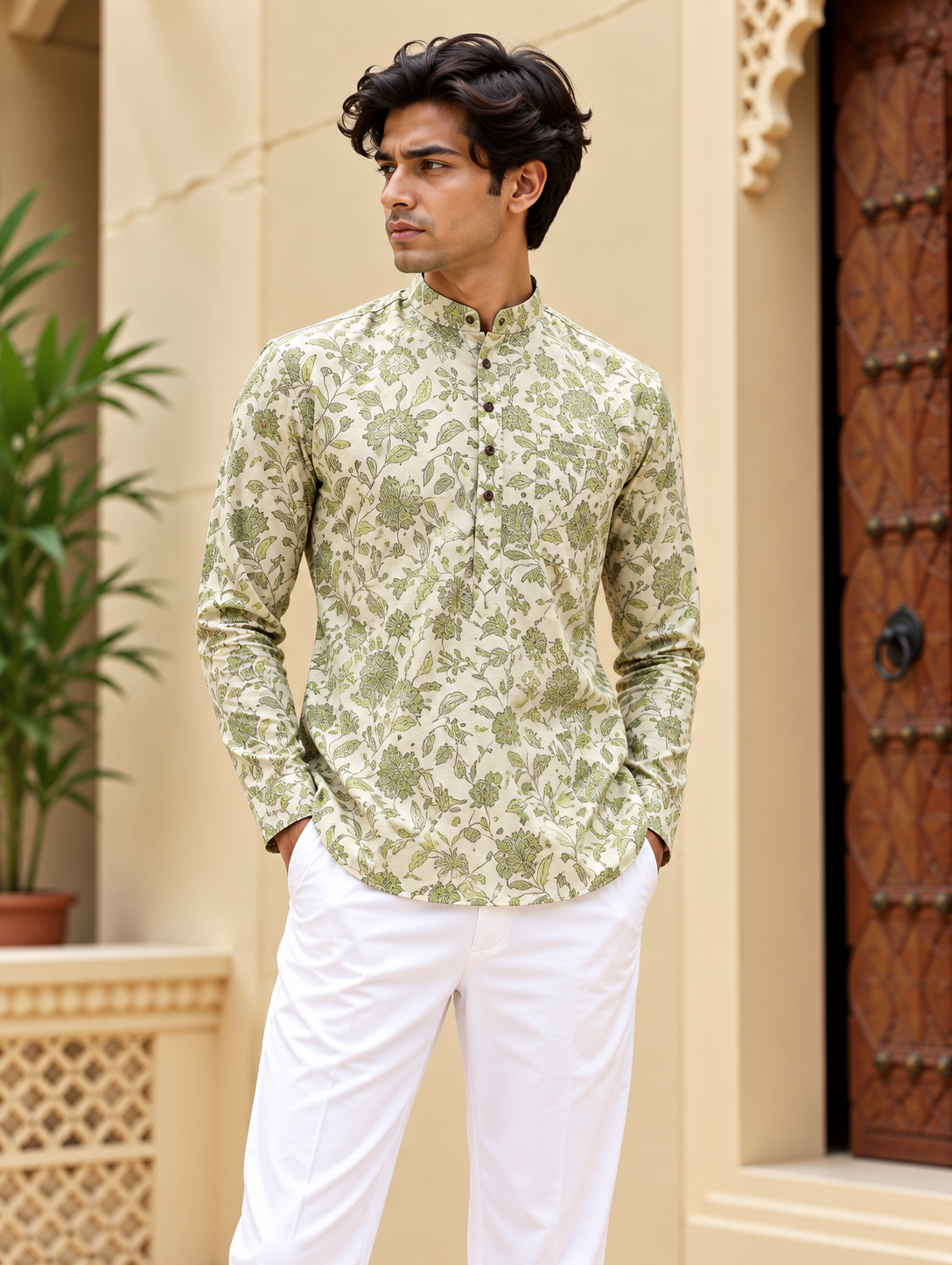White and Green Floral Short Kurta