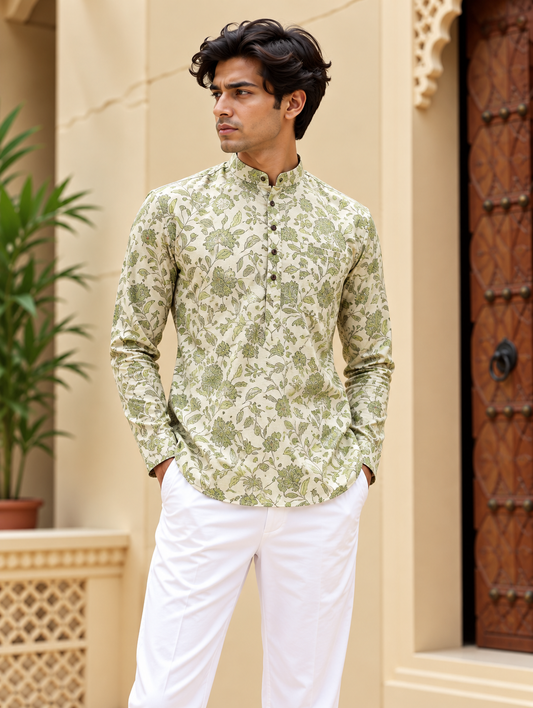 White and Green Floral Short Kurta