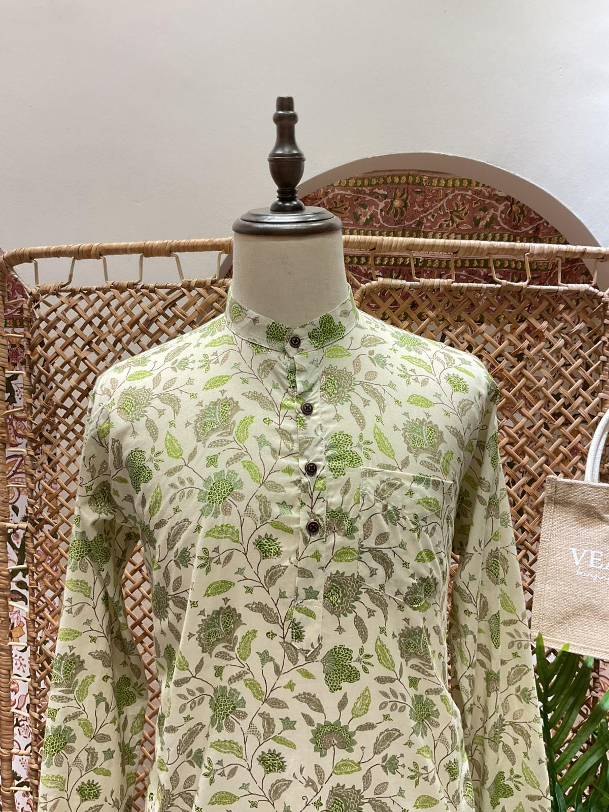 White and Green Floral Short Kurta