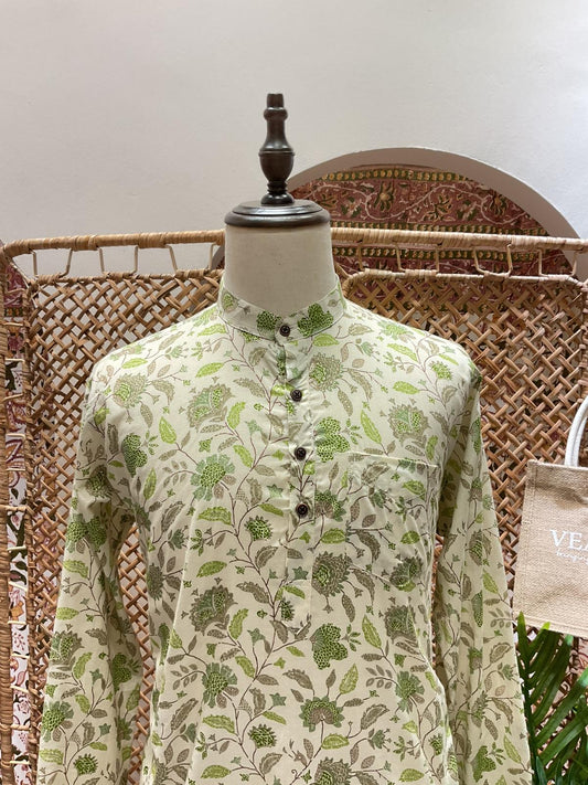 White and Green Floral Short Kurta