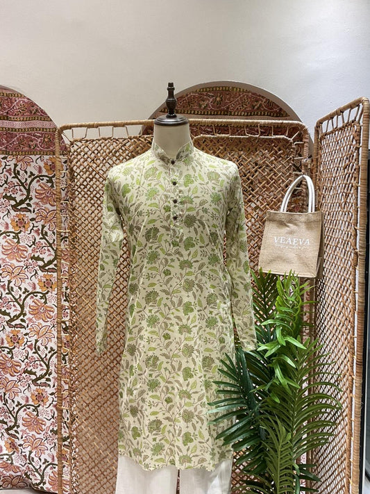 White and Green Floral Long Kurta