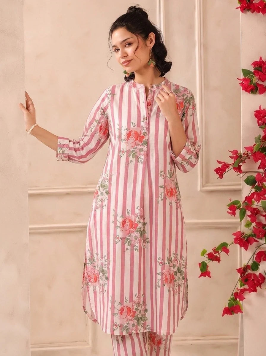 White Pink Stripes Printed Cotton Kurta and Pants Set