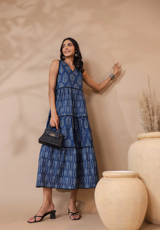 Indigo V-neck Handblock Printed Dress