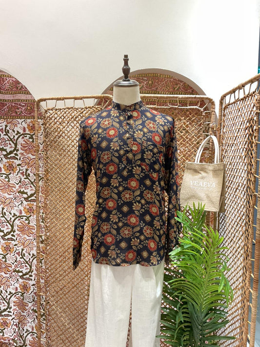 Navy Blue Floral Short Kurta