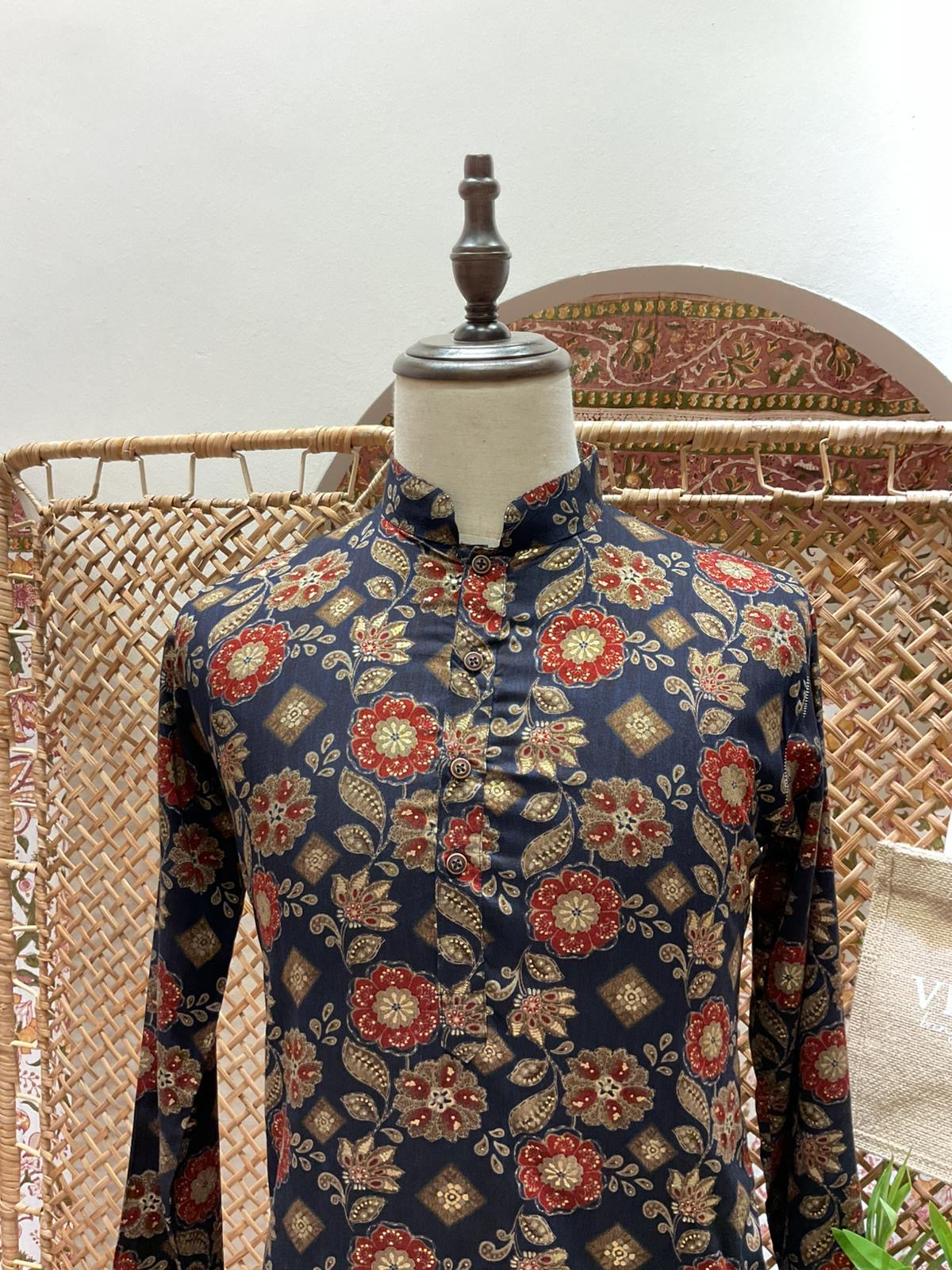 Navy Blue Floral Long Kurta