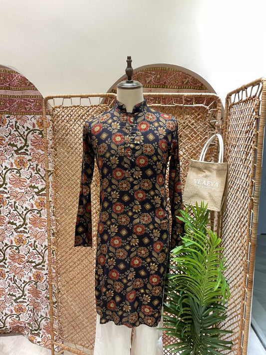 Navy Blue Floral Long Kurta