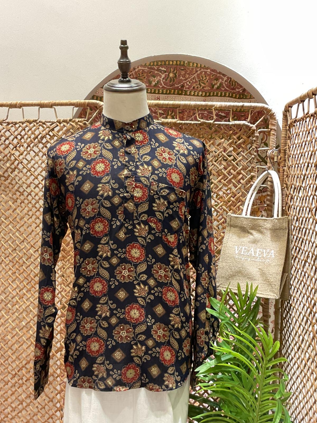 Navy Blue Floral Short Kurta