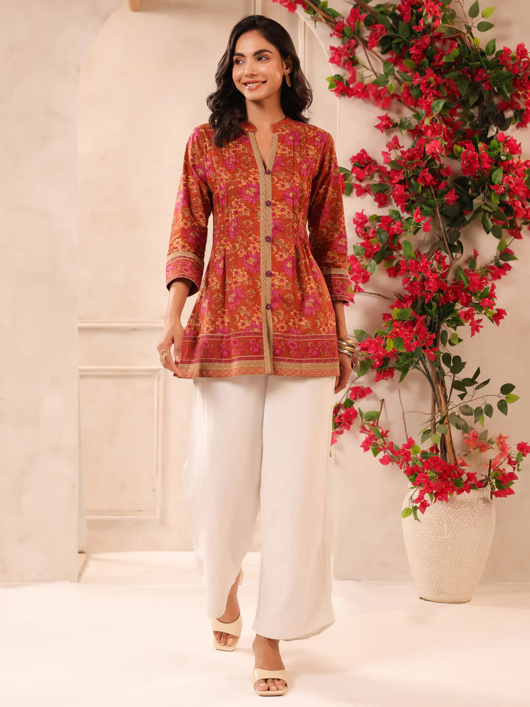 Rust Orange Printed Pintucks Cotton Top