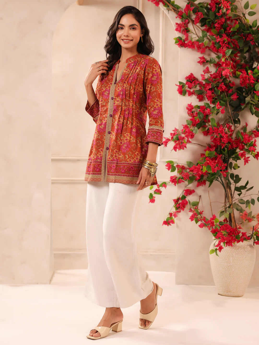 Rust Orange Printed Pintucks Cotton Top