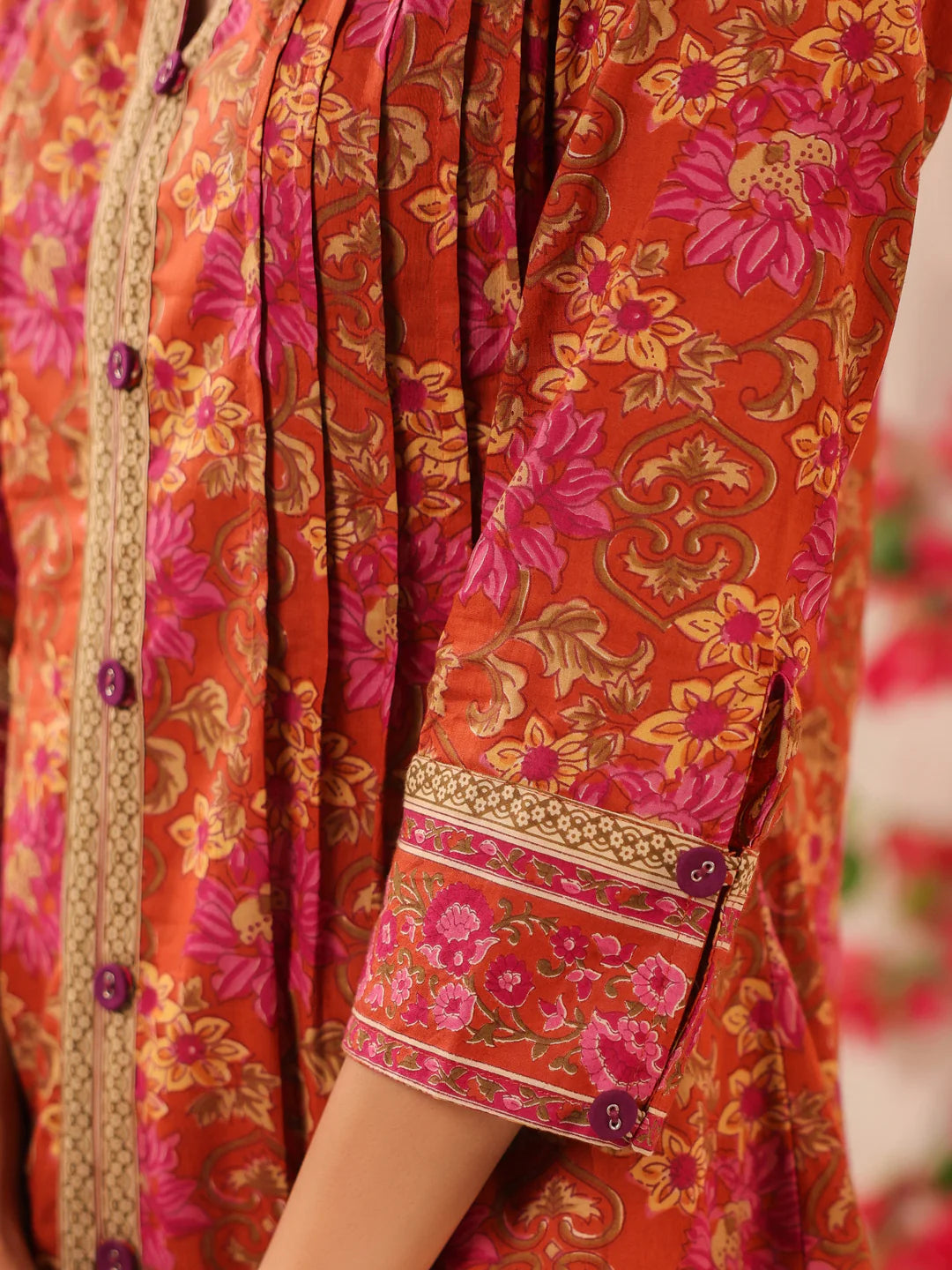 Rust Orange Printed Pintucks Cotton Top