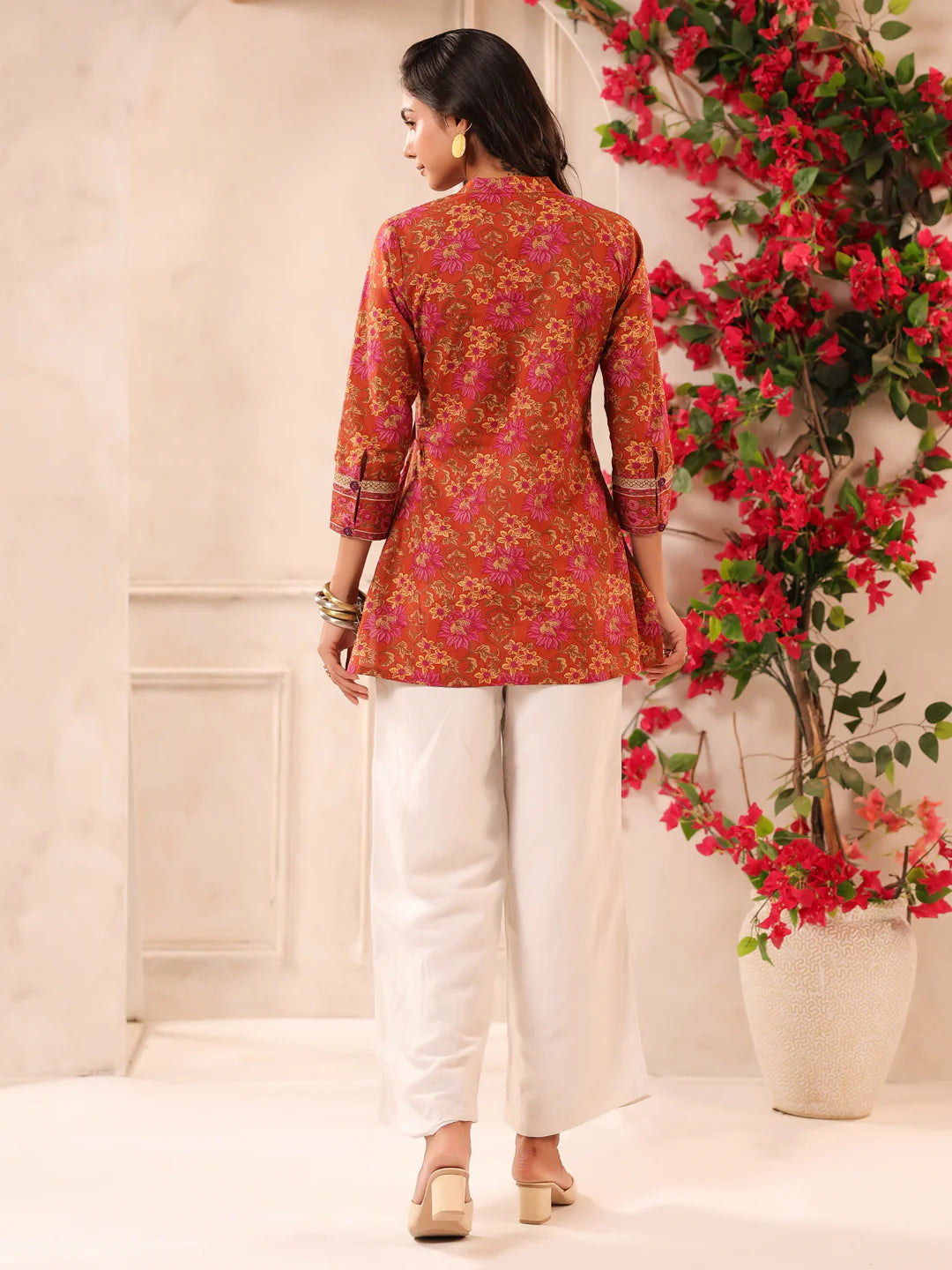 Rust Orange Printed Pintucks Cotton Top