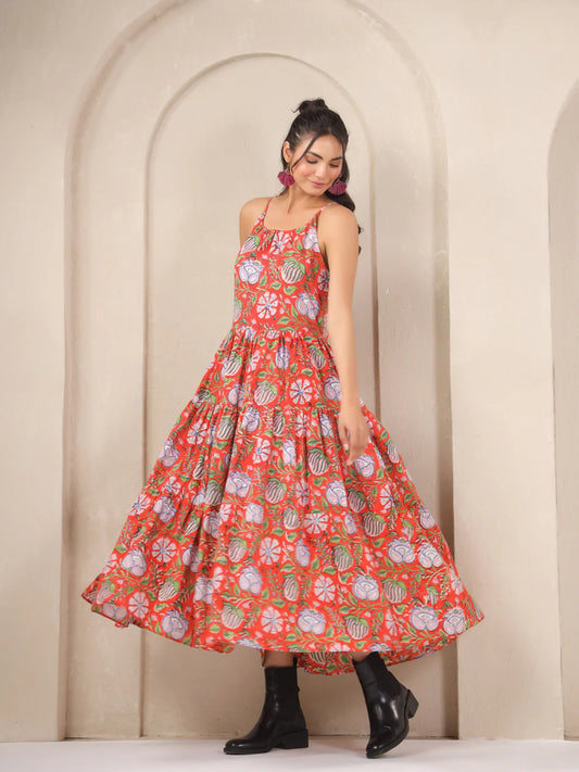 Orange Handblock Printed Cotton Maxi Dress