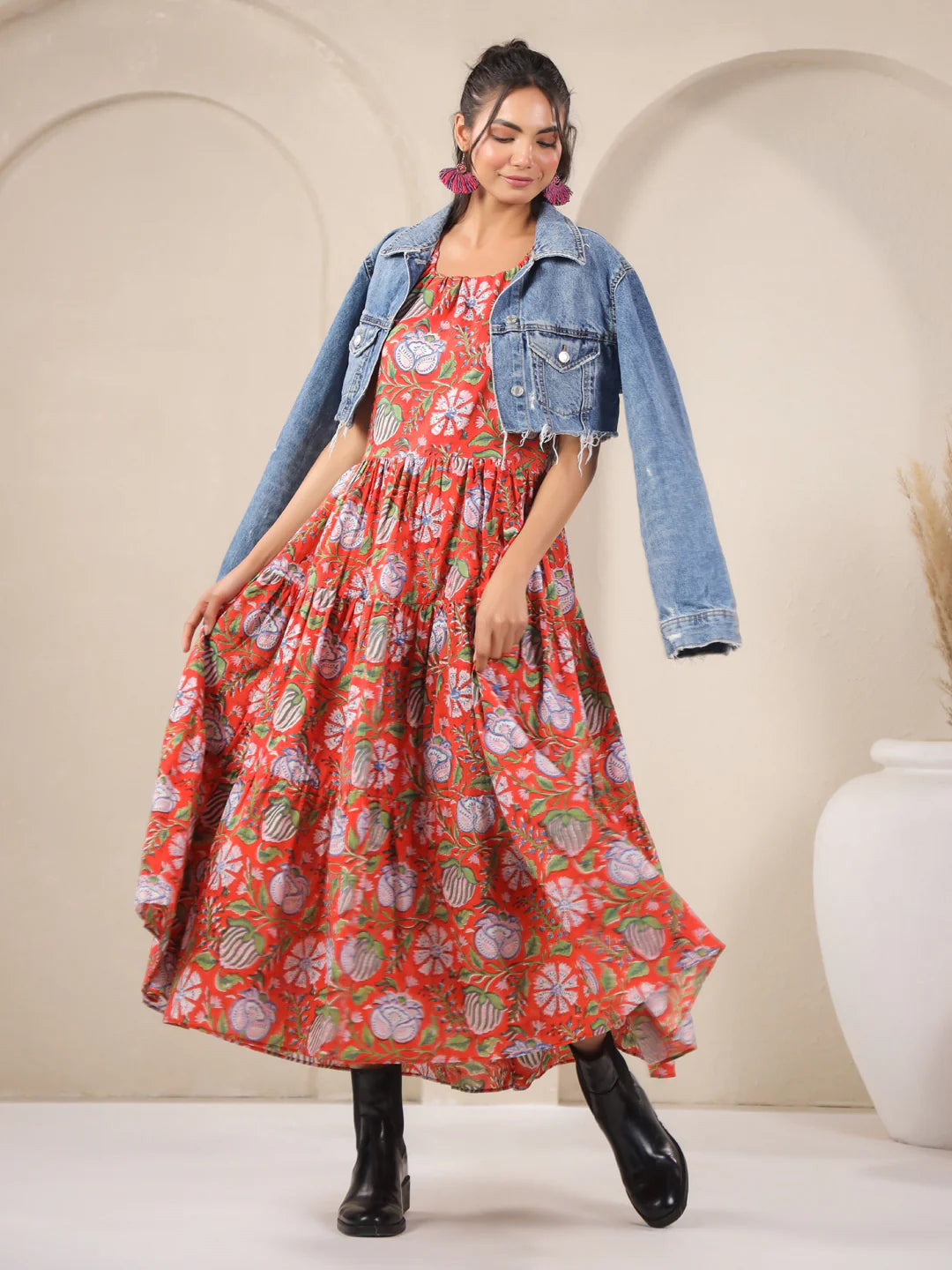 Orange Handblock Printed Cotton Maxi Dress