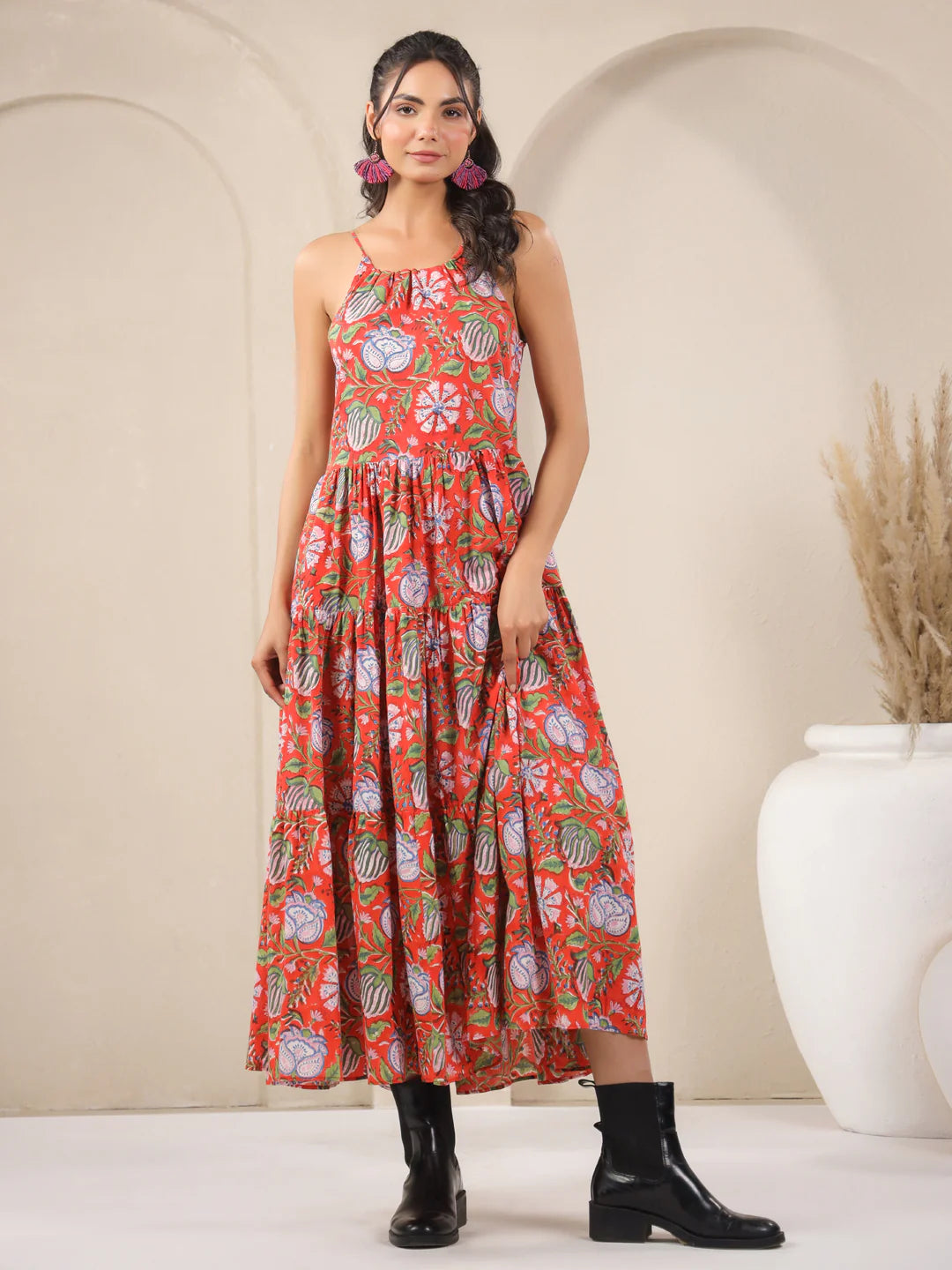 Orange Handblock Printed Cotton Maxi Dress