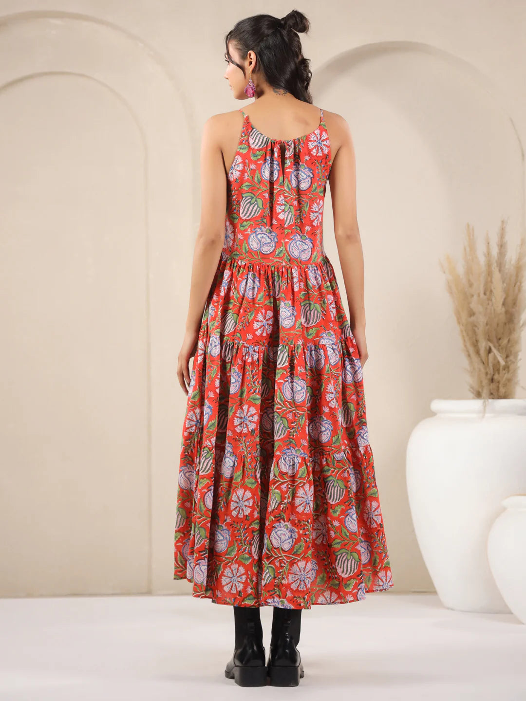 Orange Handblock Printed Cotton Maxi Dress