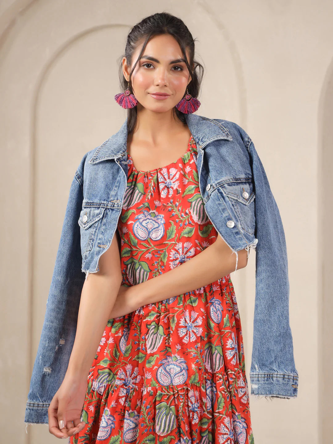 Orange Handblock Printed Cotton Maxi Dress